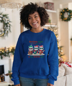 oung-woman-wearing-a-royal-blue-Gildan-1800-sweatshirt-that-says Christmas music is my favorite jam