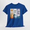 blue T-shirt displaying three vertical panels: an orange sun over wavy lines with “Live in the Sunshine,” a stylized wave with “Swim the Sea,” and a sky-and-wave scene with “Drink the Wild Air.