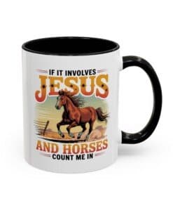 Black 11 oz Christian horse lover mug with a galloping horse