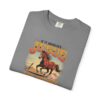 Grey color Vintage western design of a running horse with the text “If It Involves Jesus and Horses Count Me In” on a folded T shirt, Christian horse lover graphic