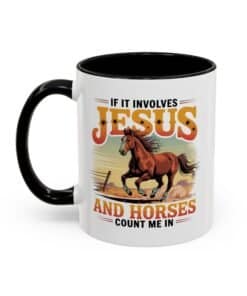 Black 11 oz Christian horse lover mug with a galloping horse