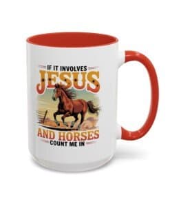 Red 15 oz Western Christian horse lover mug with a galloping horse