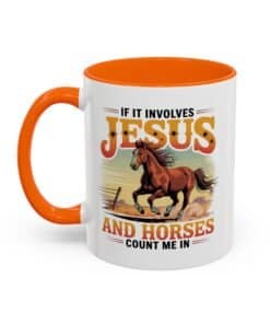 Orange 11 oz Christian horse lover mug with a galloping horse