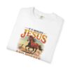 White Vintage western design of a running horse with the text “If It Involves Jesus and Horses Count Me In” on a T shirt, Christian horse lover graphicVintage western design of a running horse with the text “If It Involves Jesus and Horses Count Me In” on a folded T shirt, Christian horse lover graphic