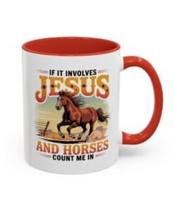 Red 1 oz Christian horse lover mug with a galloping horse