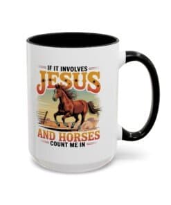 Black 15 oz Western Christian horse lover mug with a galloping horse