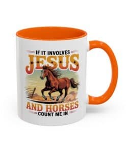 Orange 11 oz Christian horse lover mug with a galloping horse