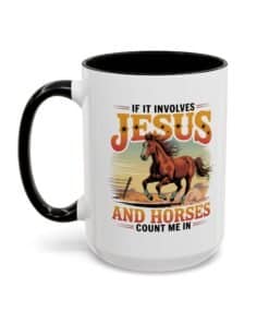 Black 15 oz Christian horse lover mug with a galloping horse