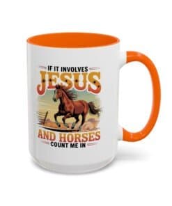 Orange 15 oz Christian horse lover mug with a galloping horse