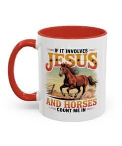 Red 11 oz Christian horse lover mug with a galloping horse