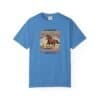 Blue Vintage western design of a running horse with the text “If It Involves Jesus and Horses Count Me In” on a T shirt, Christian horse lover graphic