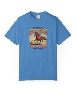 Blue Vintage western design of a running horse with the text “If It Involves Jesus and Horses Count Me In” on a T shirt, Christian horse lover graphic