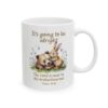 11 oz Scripture Ceramic Mug - It's Going to Be Alright Christian Comfort Mug with watercolor bear and bunny design, pastel flowers, and the scripture “The Lord is near to the brokenhearted Psalm 34:18 left view
