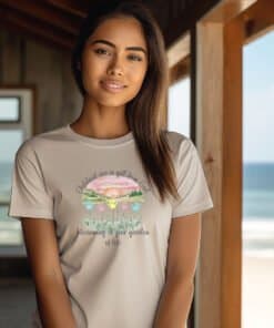 Sand colored Children Are a Gift From God Floral Christian T-Shirt featuring a watercolor sunrise, handprint flowers, and faith-based quote.