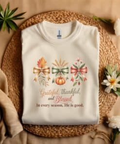 Grateful Thankful Blessed Christian T-Shirt San color Gildian 5000 laying on a straw hat Autumn Gratitude Celebration