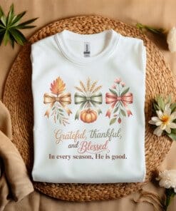 Grateful Thankful Blessed Christian T-Shirt white Gildian 5000 laying on a straw hat Gratitude Celebration