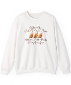 Christian Fall Sweatshirt – White sweatshirt with “I Am Blessed Fall O’Ween Jesus” text and fall leaves design, faith-based autumn clothing for women.