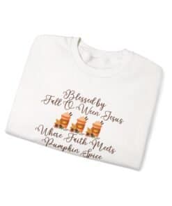 Christian Fall Sweatshirt – White sweatshirt with “I Am Blessed Fall O’Ween Jesus” text and fall leaves design, faith-based autumn clothing for women.