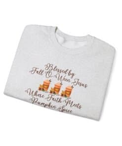 Christian Fall Sweatshirt – ash grey sweatshirt with “I Am Blessed Fall O’Ween Jesus” text and fall leaves design, faith-based autumn clothing for women.