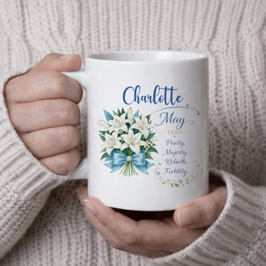 Personalized May Birth Flower Mug, 11 oz Floral Birthday Gift for Mom Sister Friend - Image 6