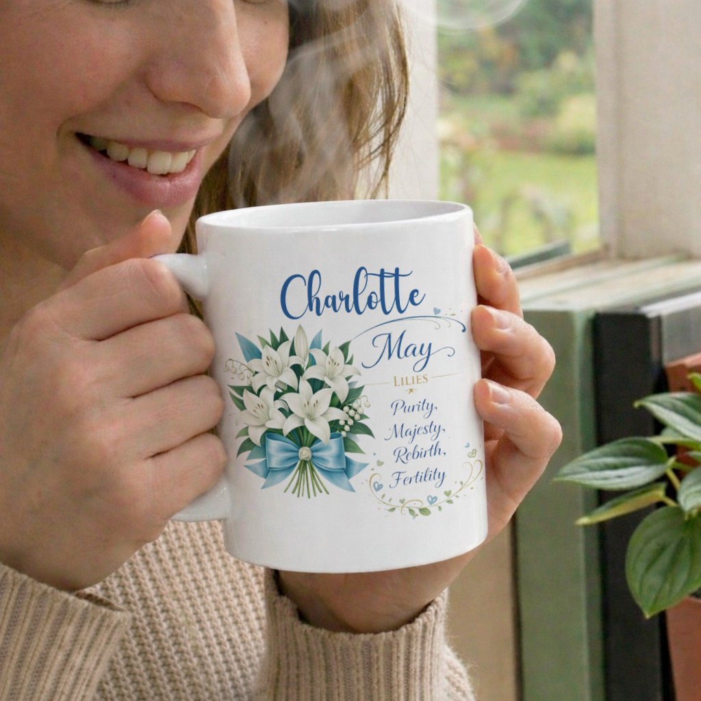 Personalized May Birth Flower Mug, 11 oz Floral Birthday Gift for Mom Sister Friend - Image 4