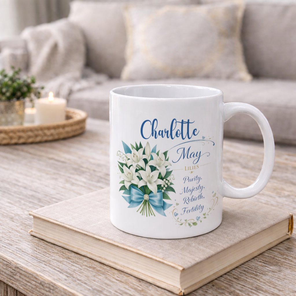 Personalized May Birth Flower Mug, 11 oz Floral Birthday Gift for Mom Sister Friend - Image 5