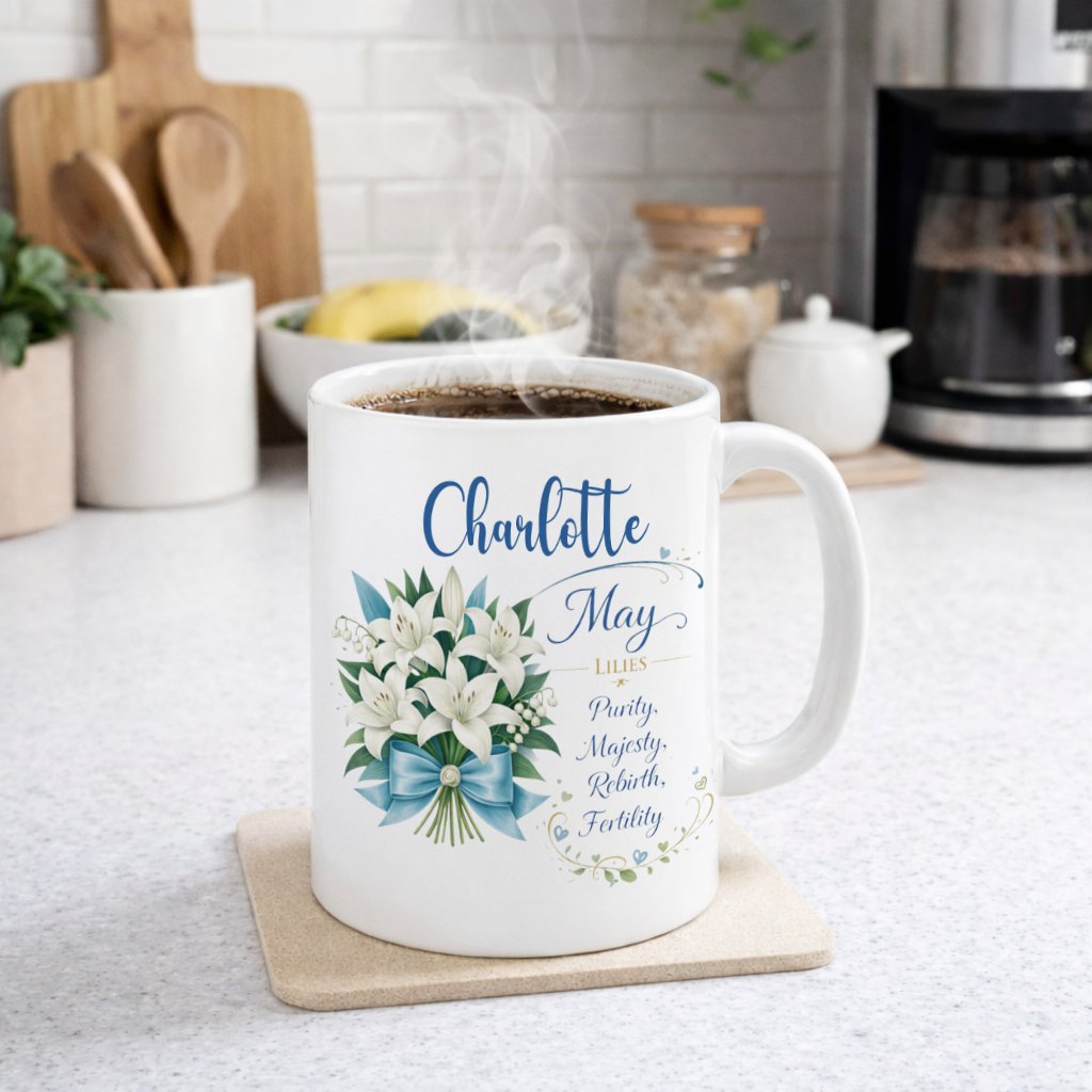 Personalized May Birth Flower Mug, 11 oz Floral Birthday Gift for Mom Sister Friend - Image 3